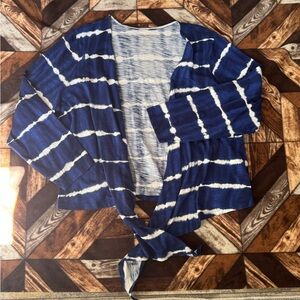 La Belle Blue and White Striped Tie-Dye Open Front Cardigan with Front Tie
